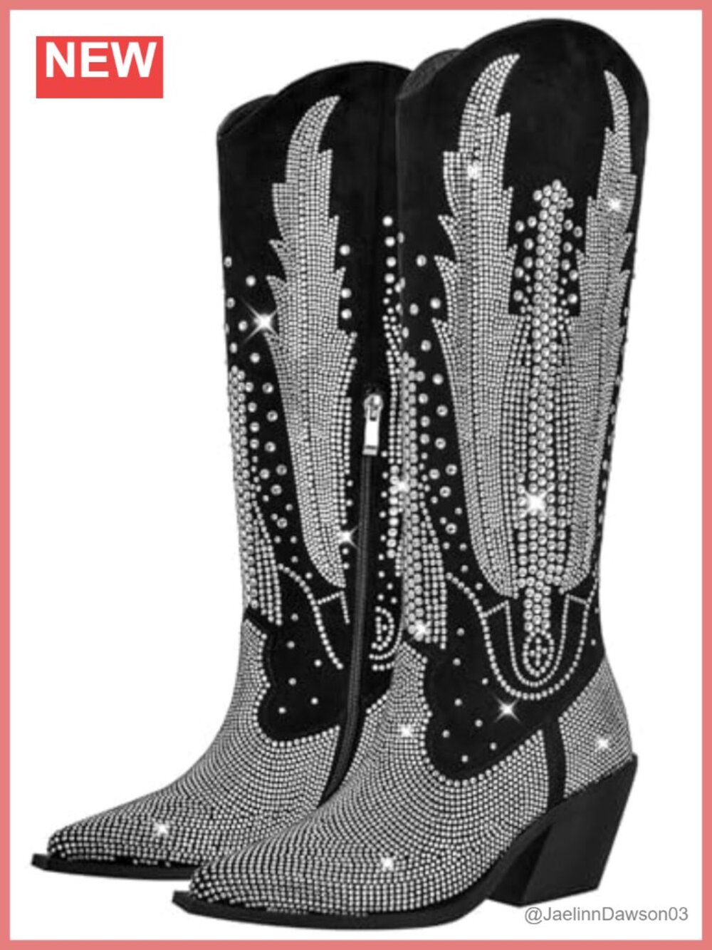 Knee High Cowboy Boots for Women Rhinestone Bling Pointed Toe Chunky Heel Pull